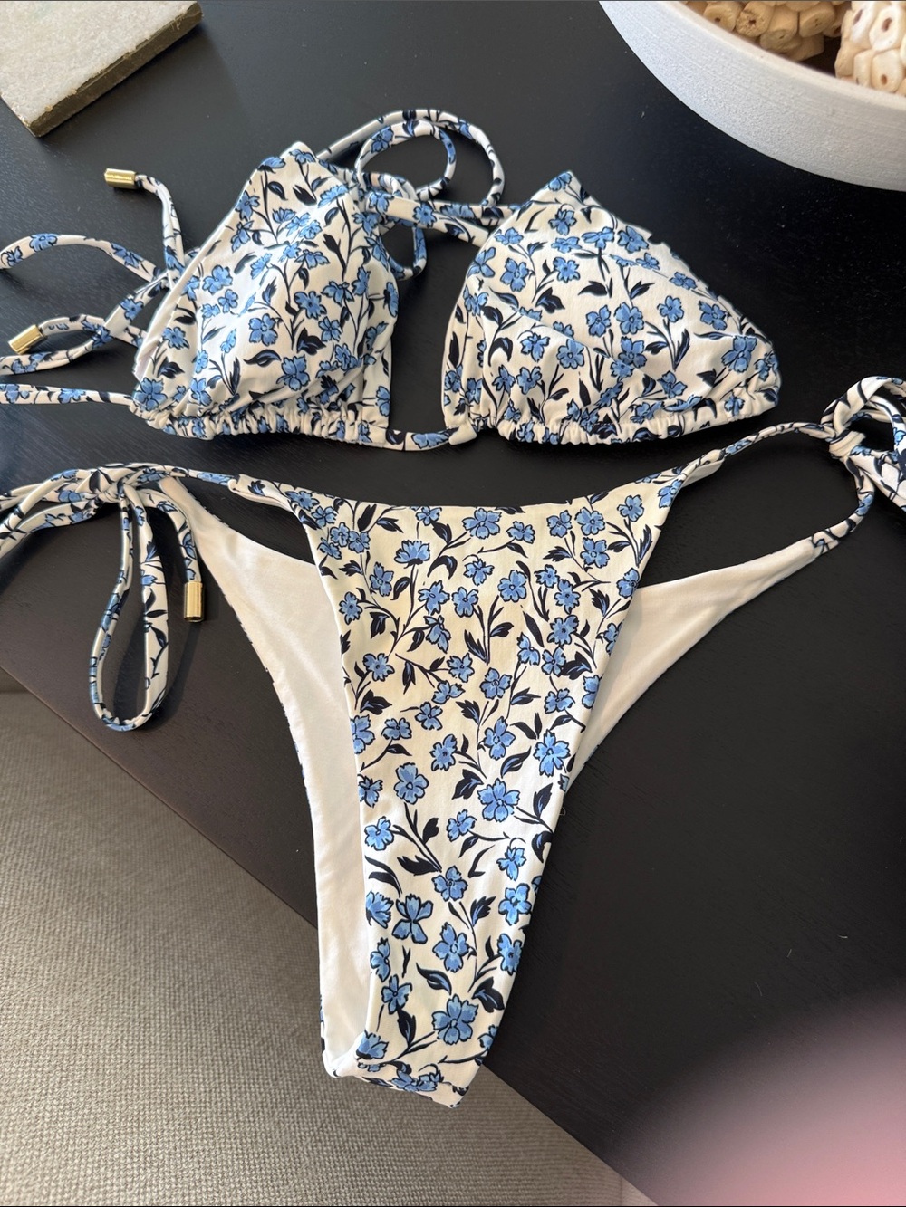 Monday Swimwear Cream Bikini with Blue Floral Print